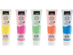 Crelando Neon Acrylic Paints in yellow, pink, green, orange, and blue, 100ml each.