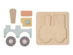 Wooden puzzle with tractor-shaped pieces and a matching board.