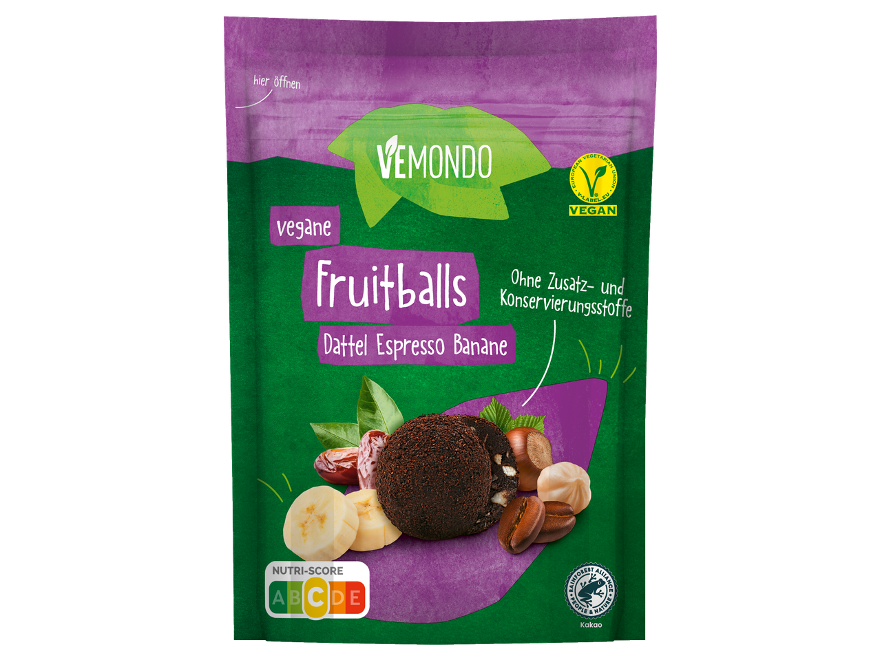 VEMONDO Vegane Fruitballs mit Dattel, Espresso und Banane, mit Nutri-Score A.