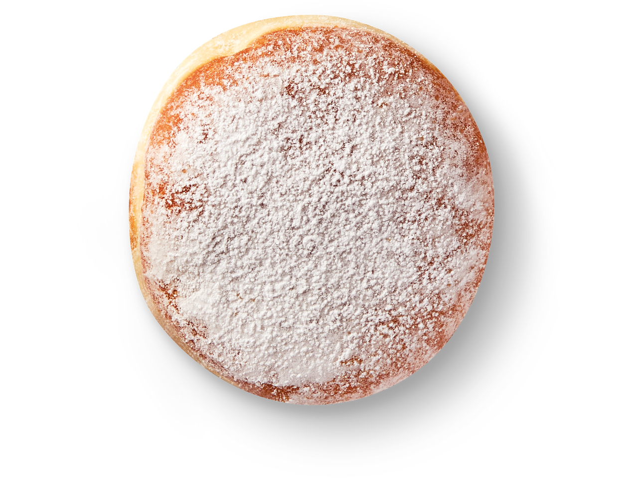 Ein mit Puderzucker bestäubter Berliner Pfannkuchen.