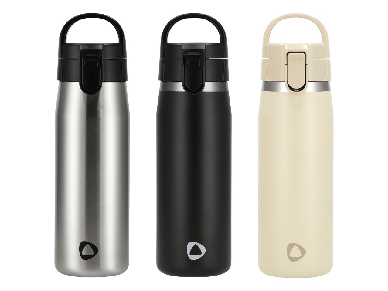 Drei isolierte Trinkflaschen in Silber, Schwarz und Beige mit Tragegriff und Klappverschluss.