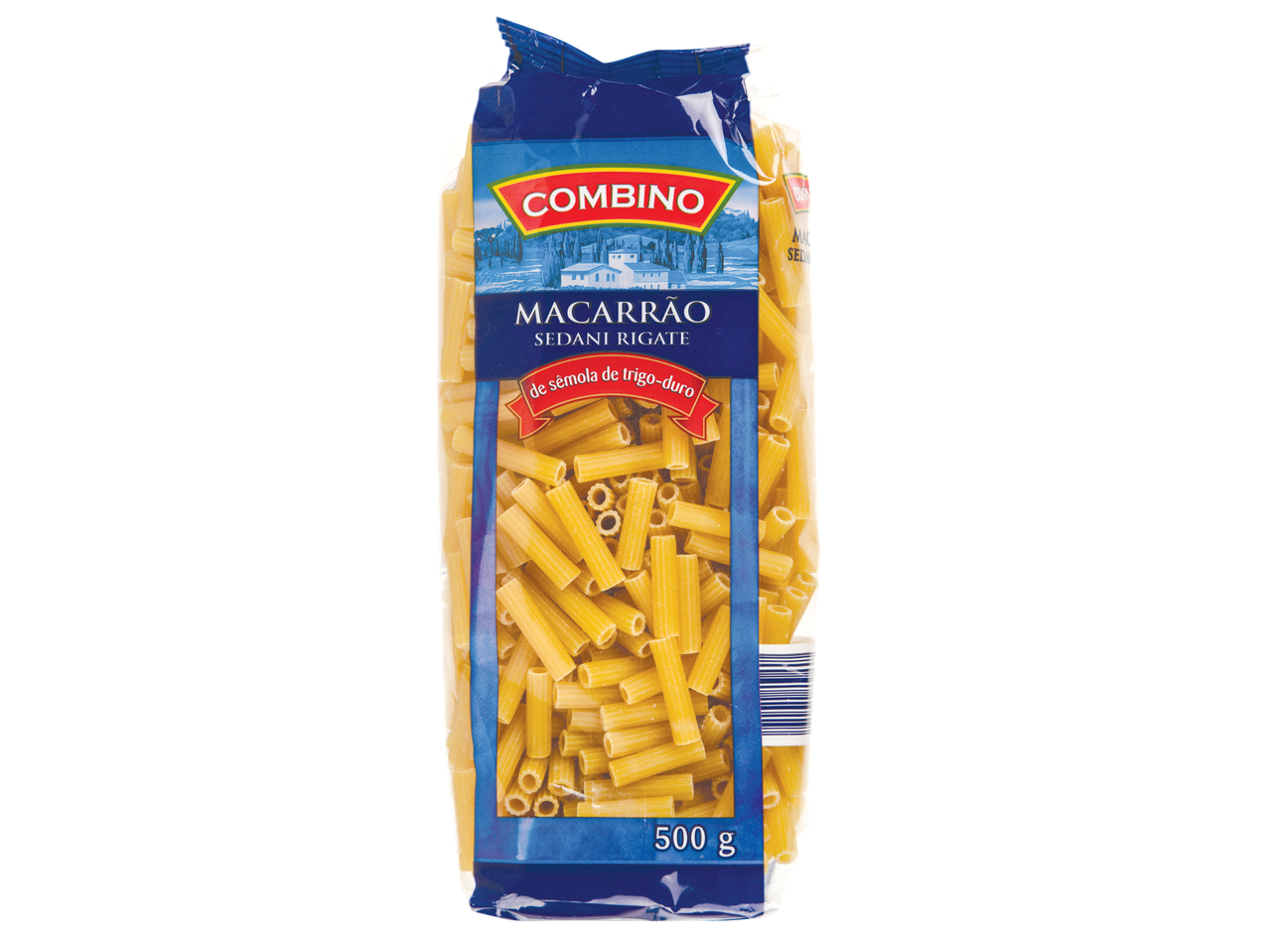 Massa Combino Macarrão Sedani Rigate, embalagem de 500g.