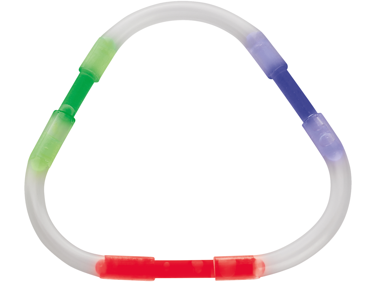 Spīdīgo nūjiņu komplekts trīsstūra formā ar zaļiem, violetiem un sarkaniem savienotājiem