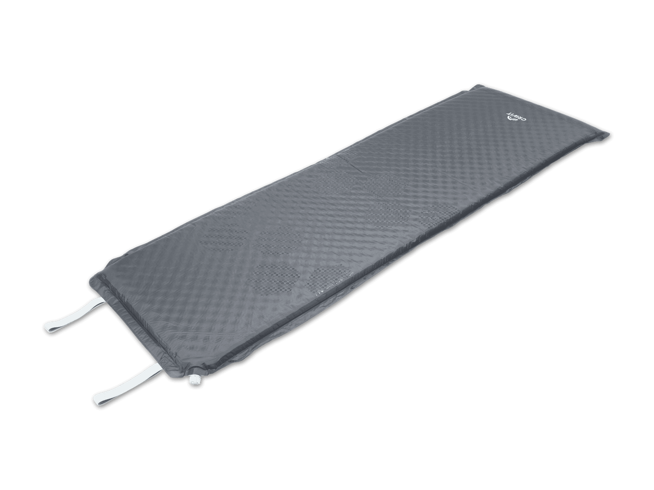 Graue, selbstaufblasende Isomatte mit weißen Befestigungsriemen auf schwarzem Hintergrund.