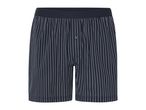 Navy blue striped boxer shorts with an elastic waistband.