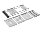 Stainless steel mandoline slicer with multiple interchangeable grating and slicing blades.