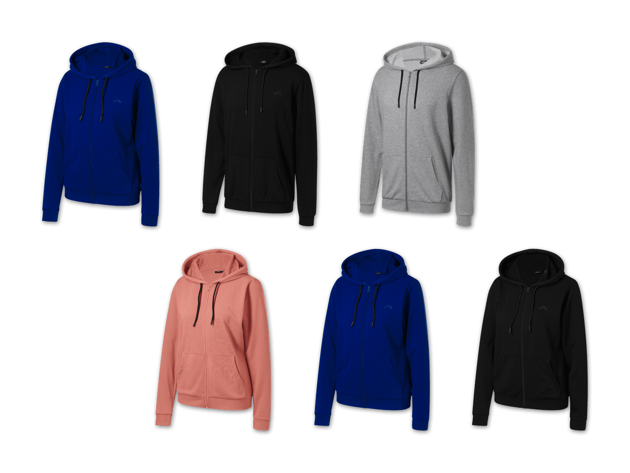 Acht Kapuzenpullover in verschiedenen Farben, darunter Blau, Schwarz, Grau und Rosa.