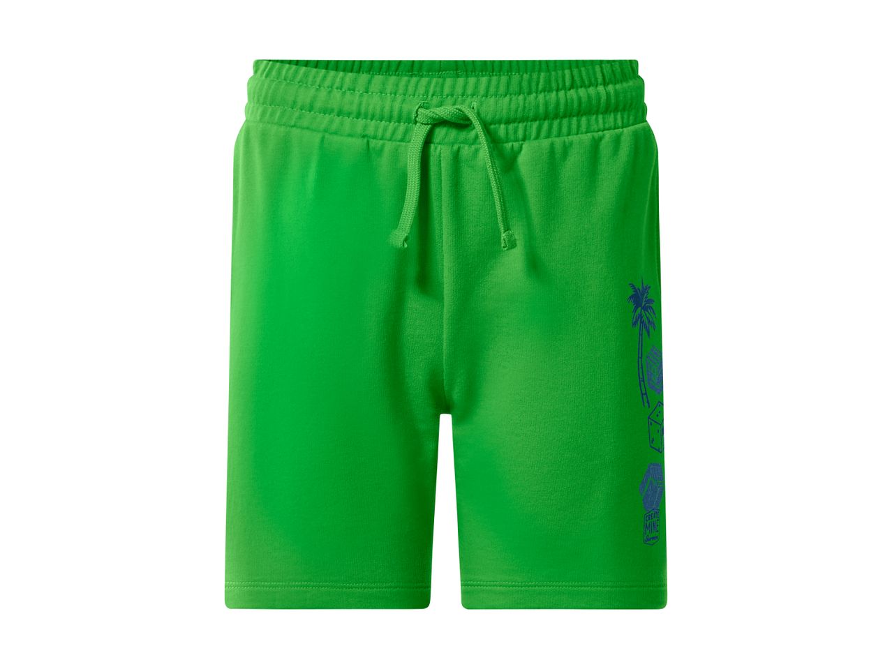 Green shorts with an elasticated waist, drawstring, and a blue palm tree and dice graphic on the side.