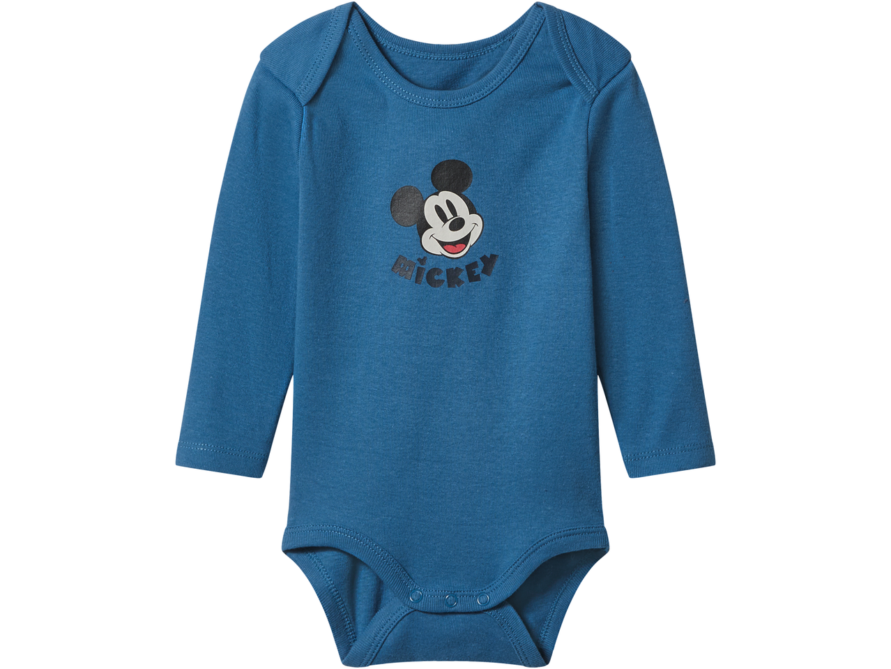 Baby Long Sleeve Bodysuit in blue with a Mickey Mouse graphic and 'Mickey' text.