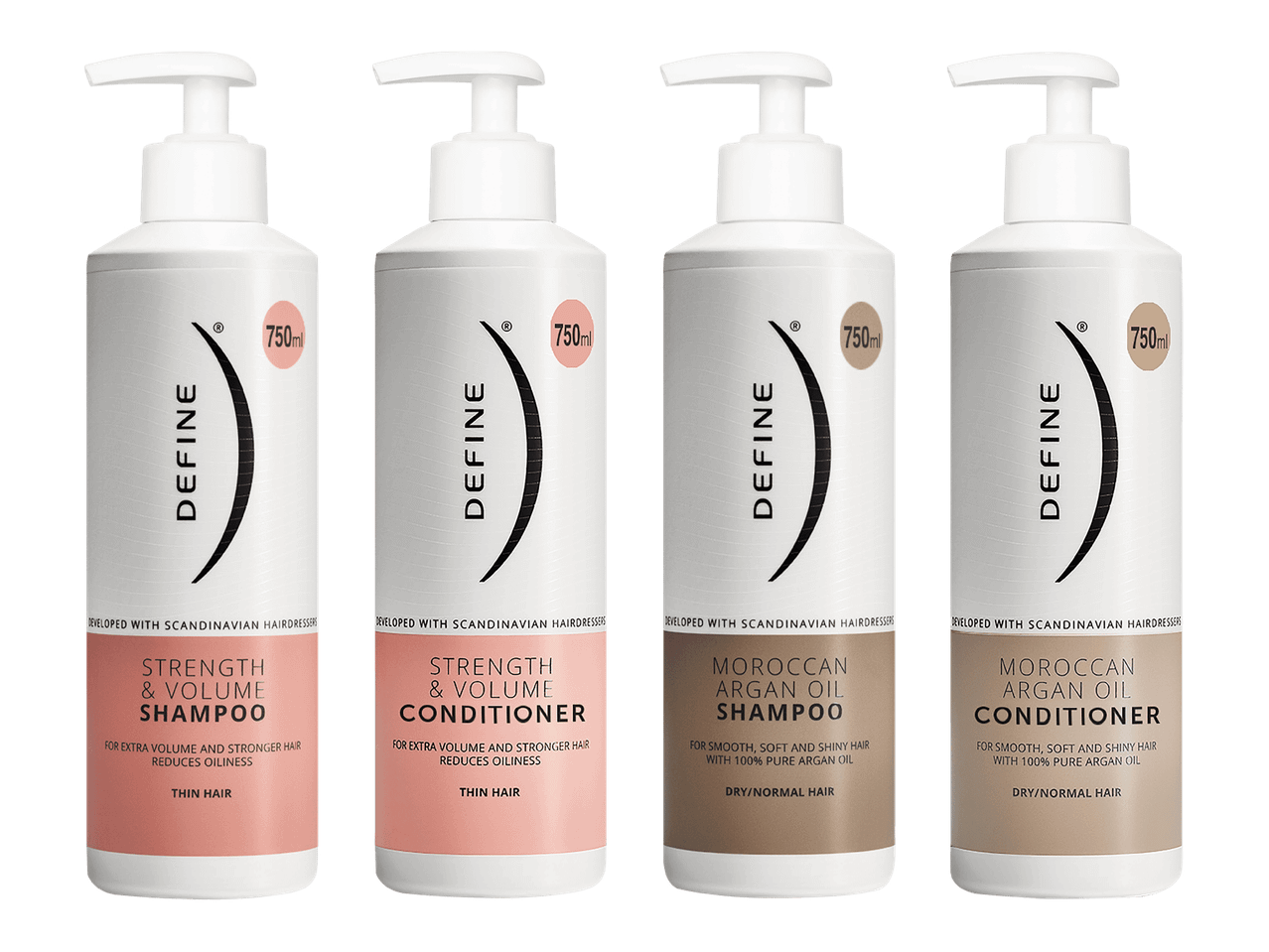 Neljä Define-hiustenhoitotuotetta: kaksi Strength & Volume -shampoota ja -hoitoainetta ohuille hiuksille, sekä kaksi Moroccan Argan Oil -shampoota ja -hoitoainetta kuiville/normaaleille hiuksille.