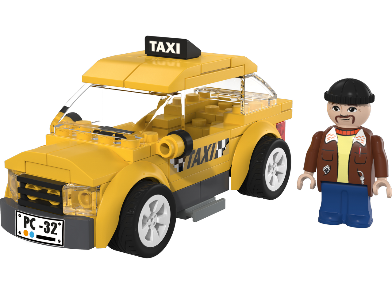 Lupilu® Stavebnice XS: geltonas žaislinis taksi ir vairuotojo figūrėlė.