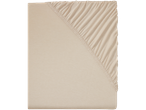 A beige fitted sheet is shown, partially folded to display the elastic edge.