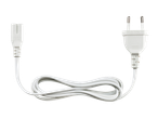 Um cabo de alimentação branco com uma tomada europeia em uma extremidade e um conector C5 na outra.