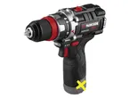 A black and red cordless drill with a silver chuck and a yellow 'X' on the handle.