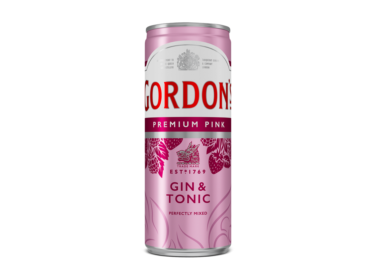 Een roze blikje gin-tonic met bessen en bladeren, met de tekst 'Premium Pink Gin & Tonic, Perfectly Mixed'.