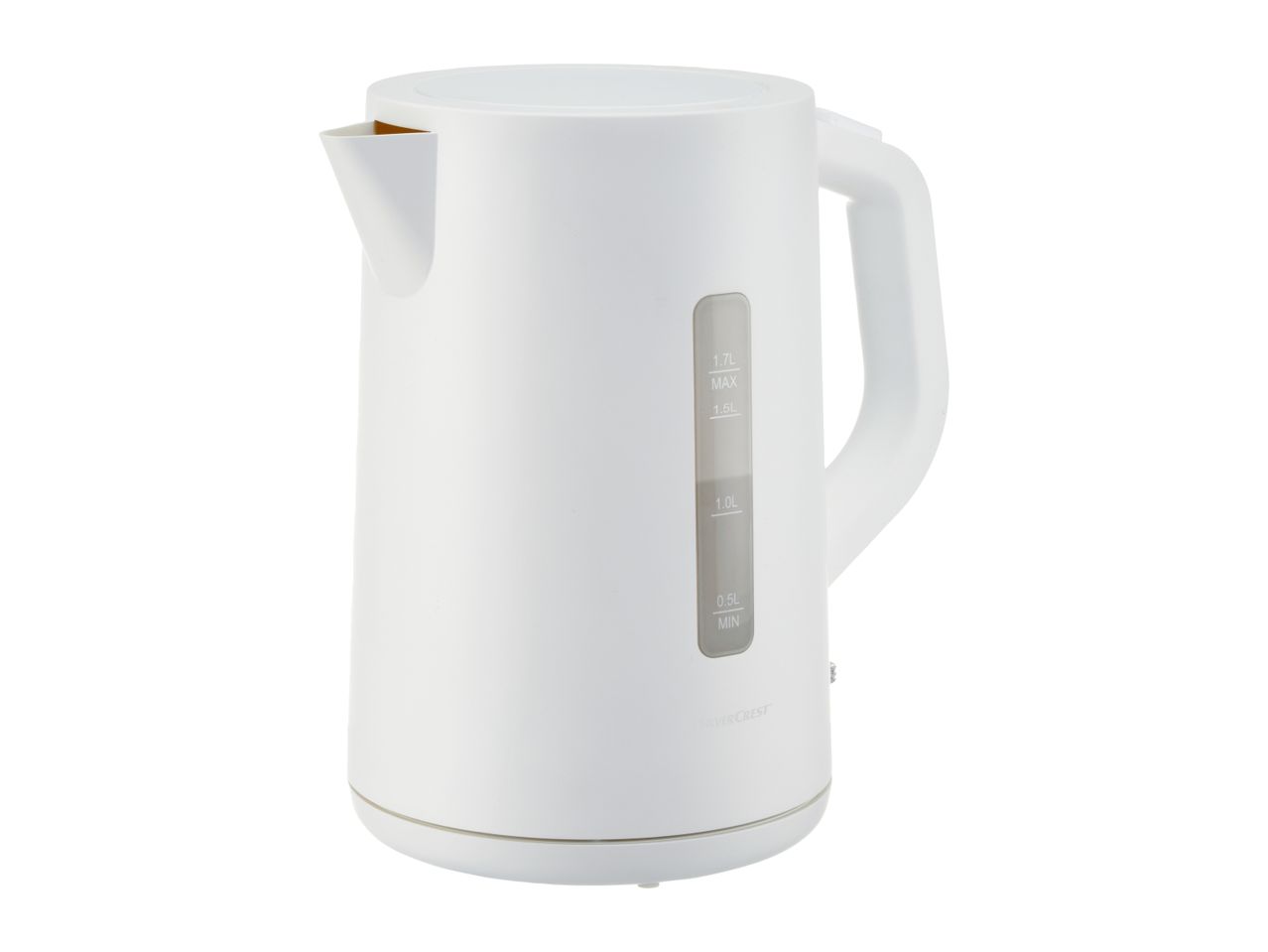 A white electric kettle with a handle and water level indicator.