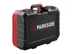 Black and red hard case with a handle and latches, featuring a textured surface.