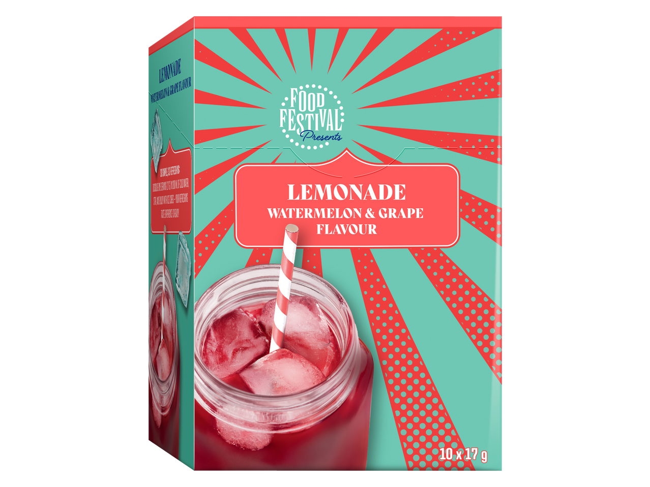 Limonadedoos met watermeloen- en druivensmaak, met een glas verfrissende drank.