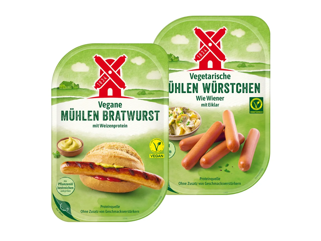 MÜHLEN Vegane Bratwurst und Vegetarische ÜHLEN Würstchen in Packungen.