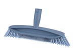 Blue broom head with angled bristles for sweeping.