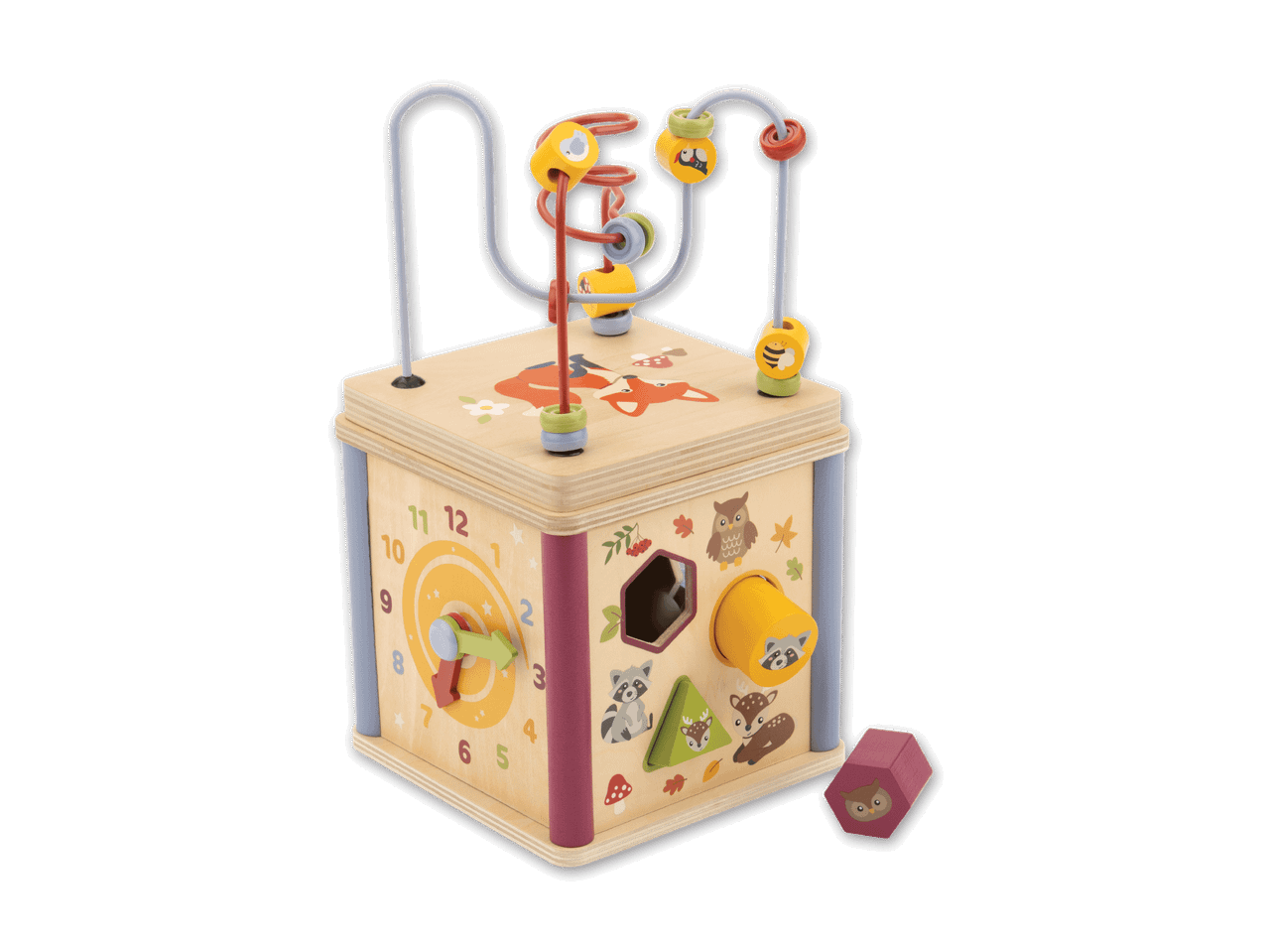 Holz-Motorikwürfel mit Uhr, Tier-Motiven und Perlenlabyrinth
