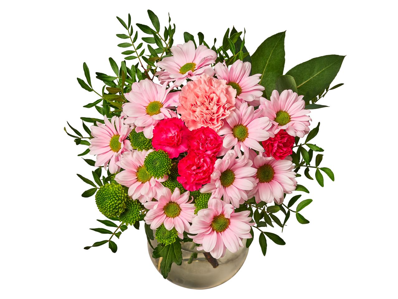 Bouquet of pink daisies, red and peach carnations, and green foliage in a glass vase.