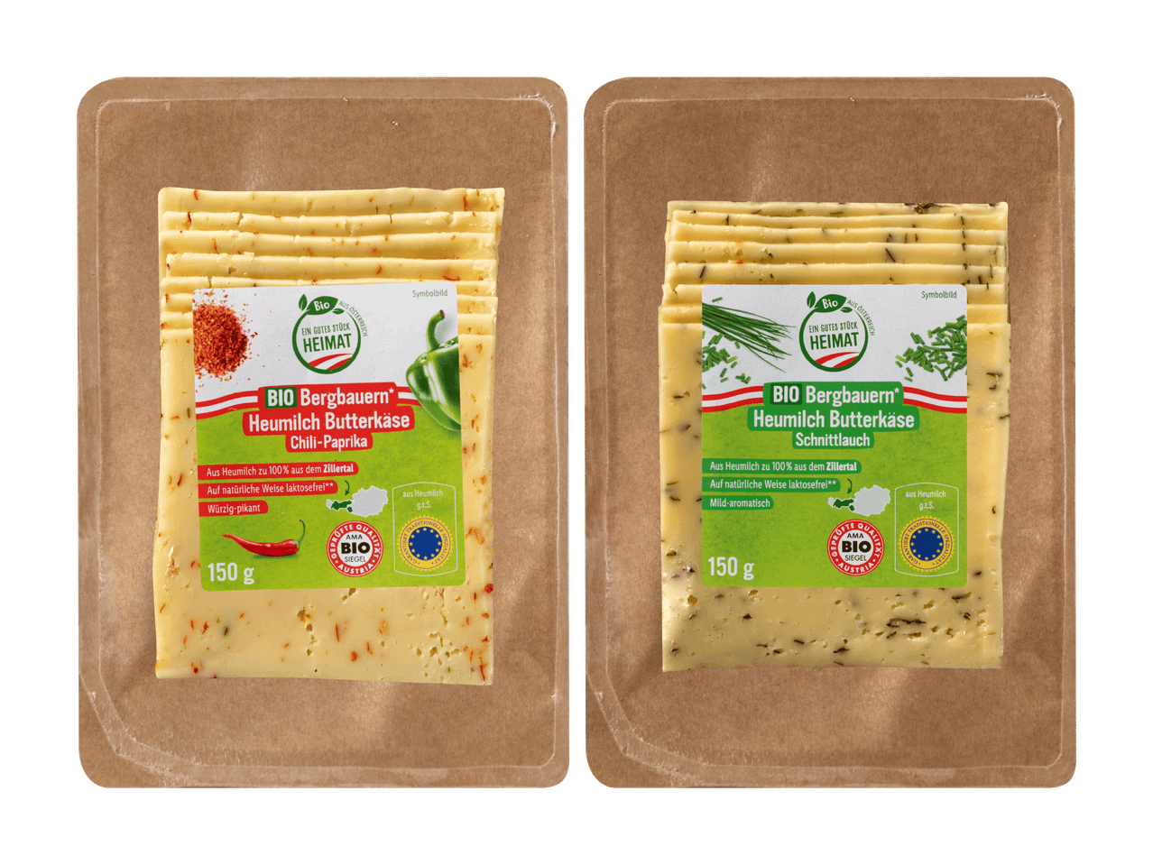 Zwei Packungen Bio Bergbauern Heumilch Butterkäse, eine mit Chili-Paprika, die andere mit Schnittlauch.