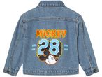 Blue denim jacket with Mickey Mouse and 'MICKEY 28' graphic on the back.