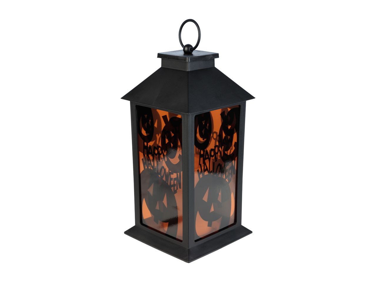 Black Halloween lantern with orange glass panels featuring jack-o'-lanterns