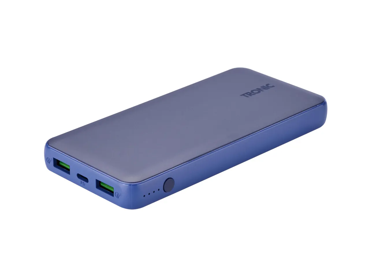 Kék színű TRONIC power bank, két USB-A és egy USB-C porttal, valamint töltöttségi szint jelzővel.