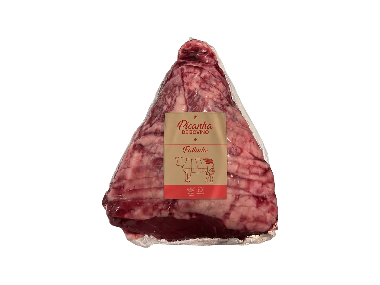 Picanha de bovino fatiada embalada a vácuo com rótulo de papel