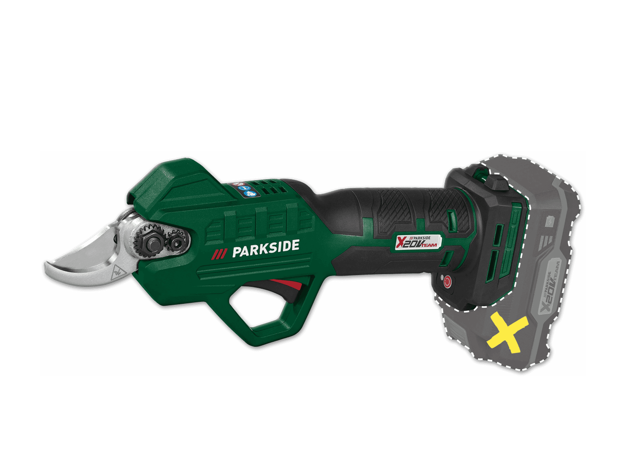 Akku-Astschere in Grün und Schwarz mit abnehmbarem Akku