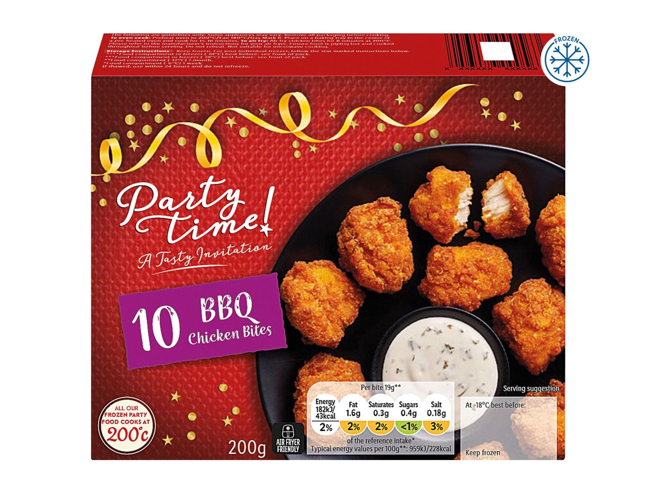 Party Time! 10 BBQ Chicken Bites, frozen, with nutritional information and cooking instructions.