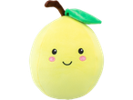 A yellow pear plush toy with a cute embroidered face.