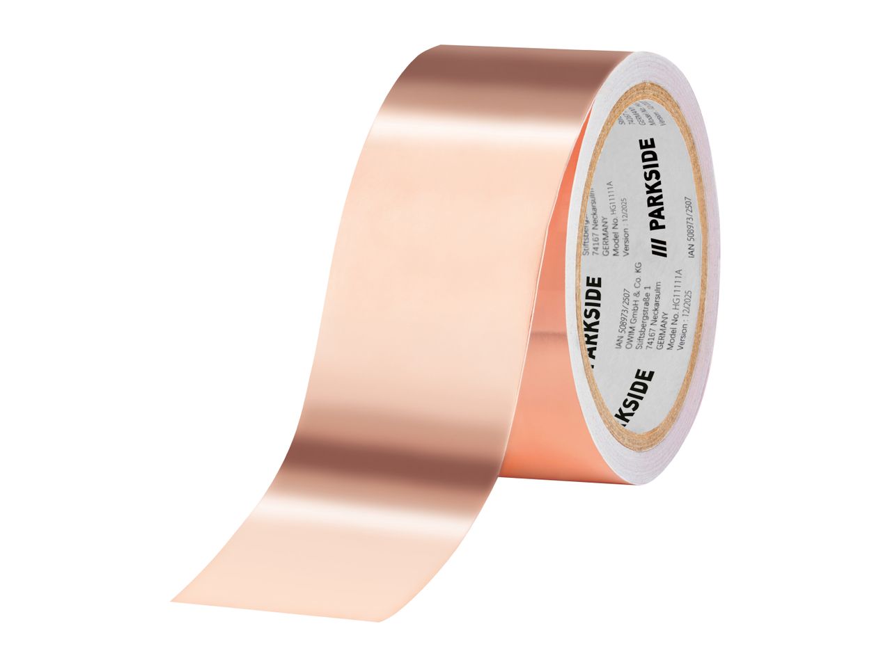 Roll of copper-colored tape with product information on the core.
