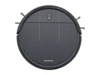 Top-down view of a dark grey robotic vacuum cleaner with side brushes.