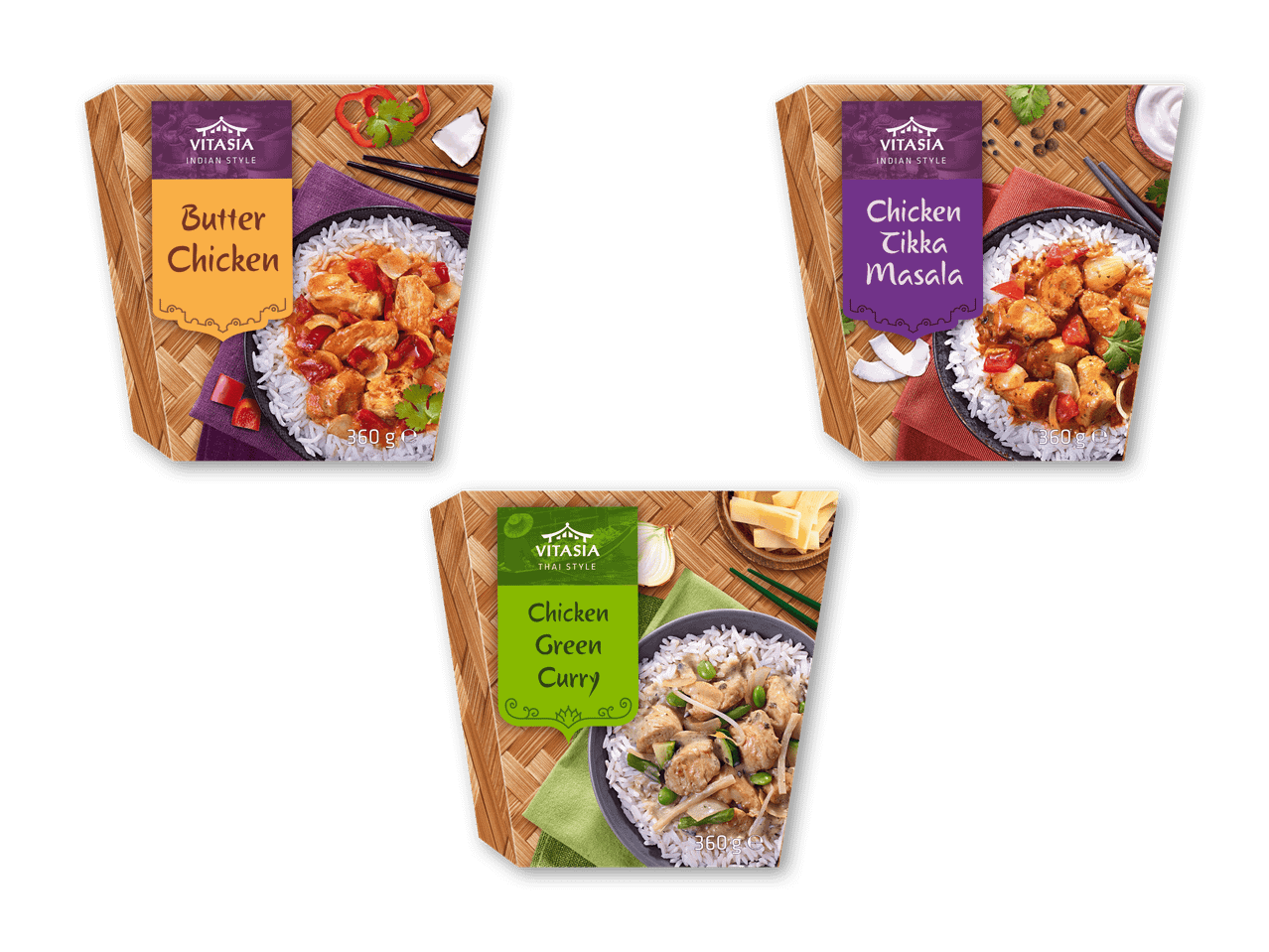 Tre færdigretter: Butter Chicken, Chicken Tikka Masala og Chicken Green Curry, alle med ris.