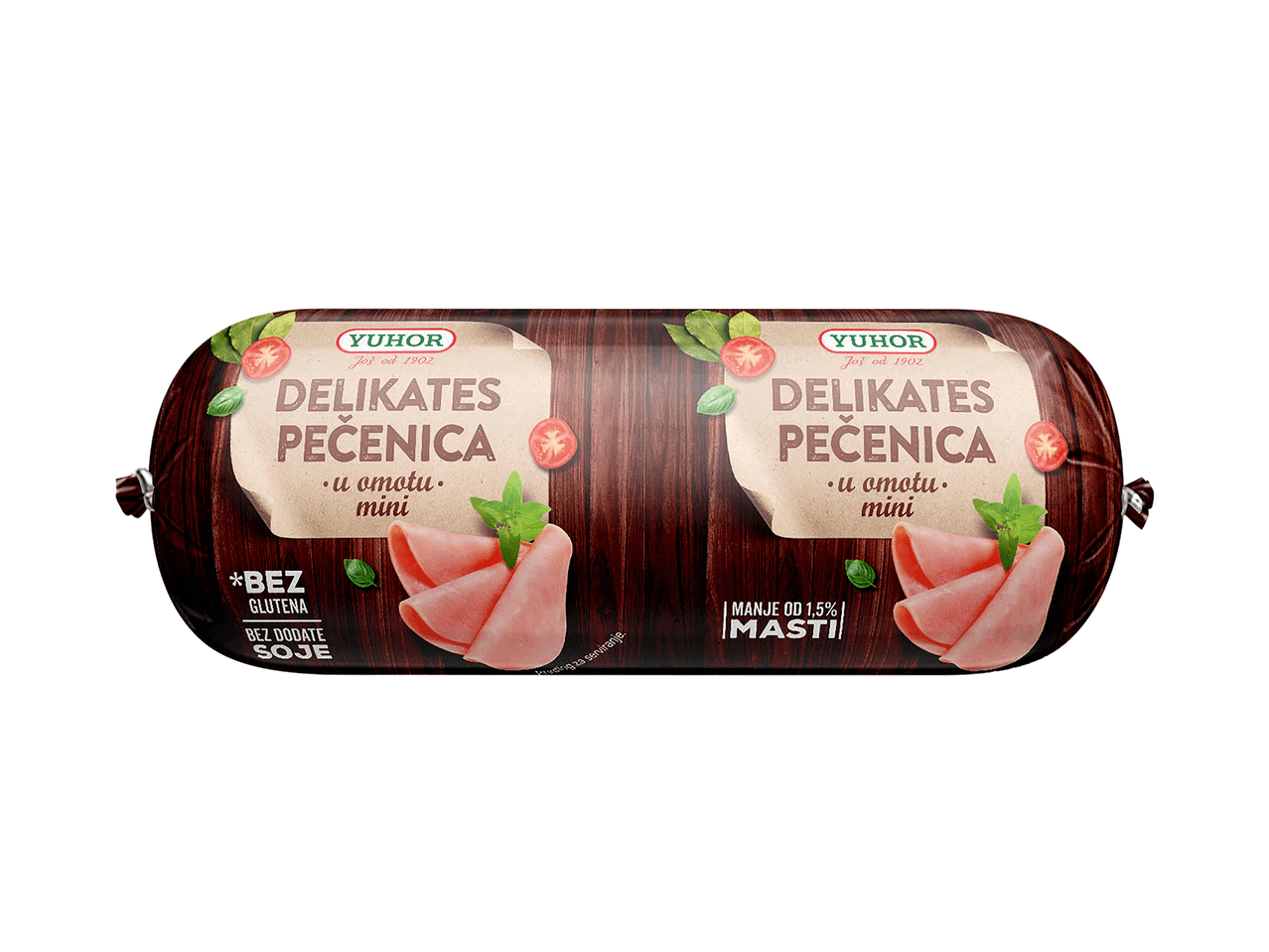 Dva pakovanja delikates pečenice u omotu, mini, bez glutena i soje, sa manje od 1,5% masti.