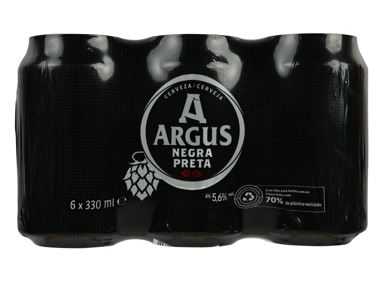 Pack de 6 cervejas Argus Negra/Preta, latas de 330ml, 5,6% álcool, com filme eco-responsável.