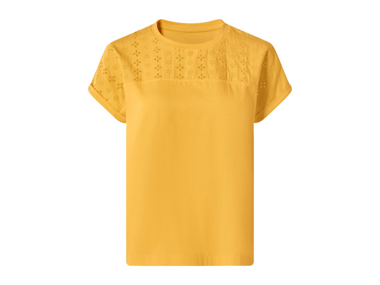Yellow short-sleeved t-shirt with embroidered details on the shoulders and sleeves.