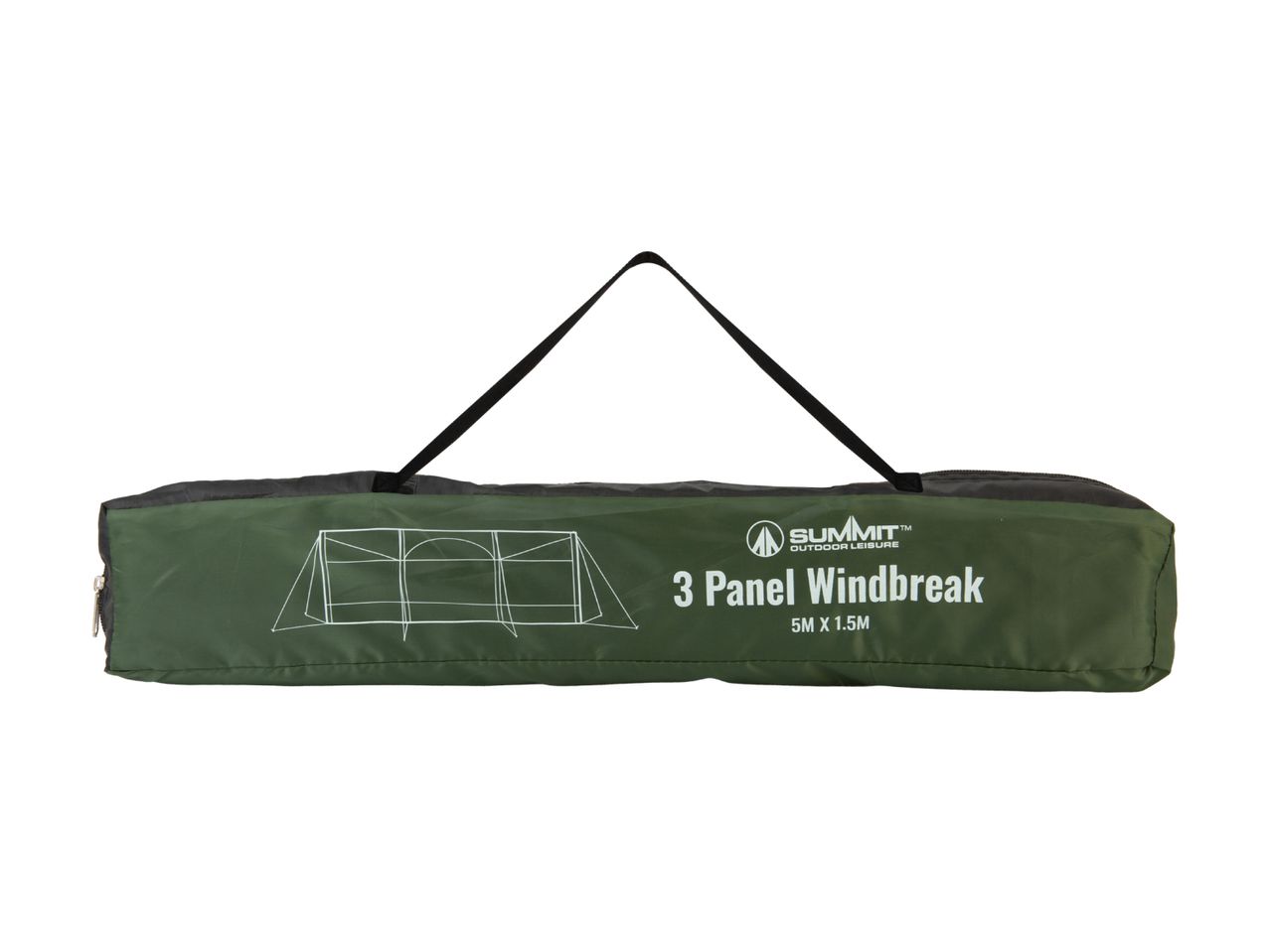 Green 3-panel windbreak in a carry bag with a diagram and dimensions 5M x 1.5M.