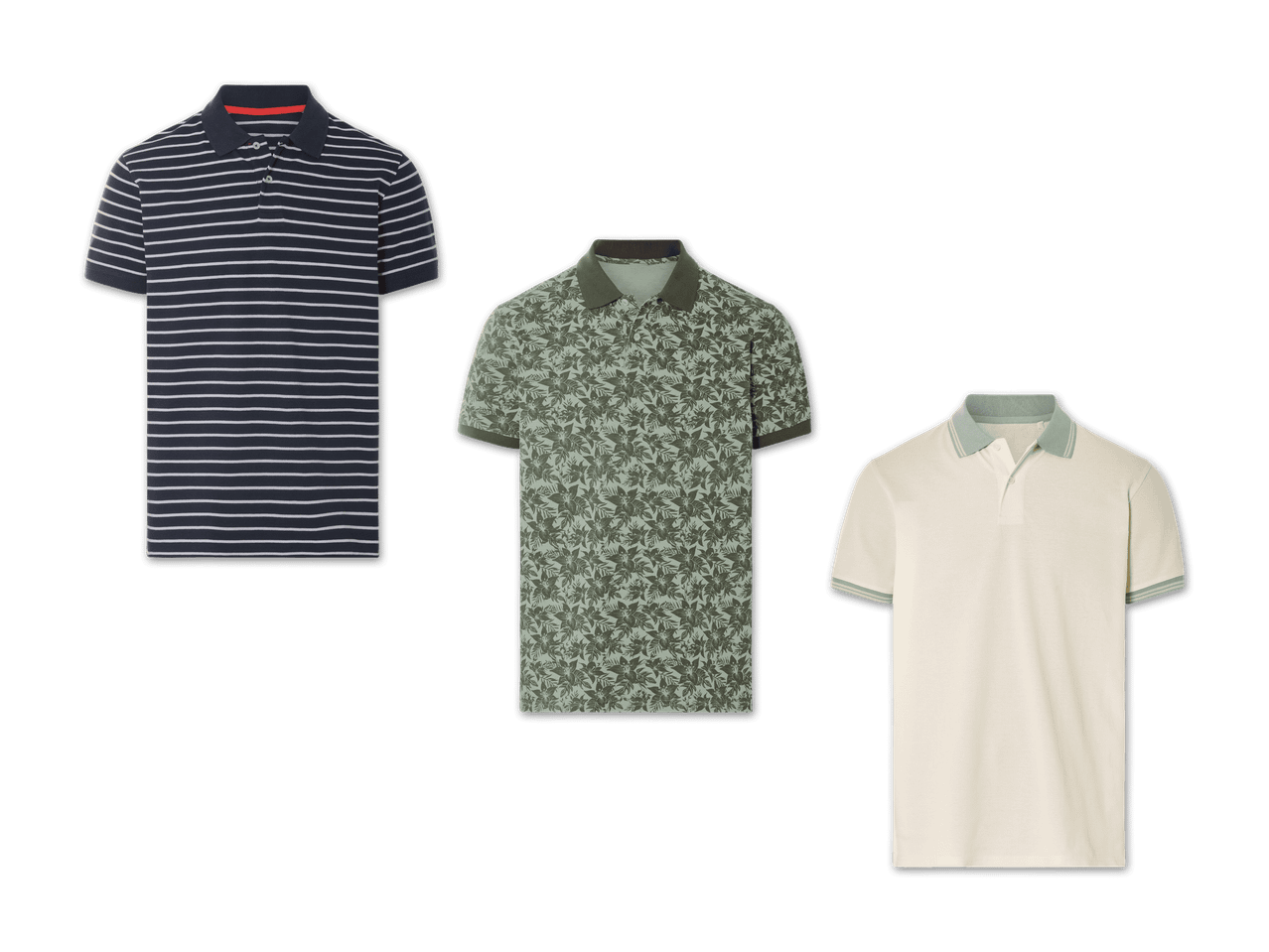Drei Herren-Poloshirts in verschiedenen Farben und Mustern.