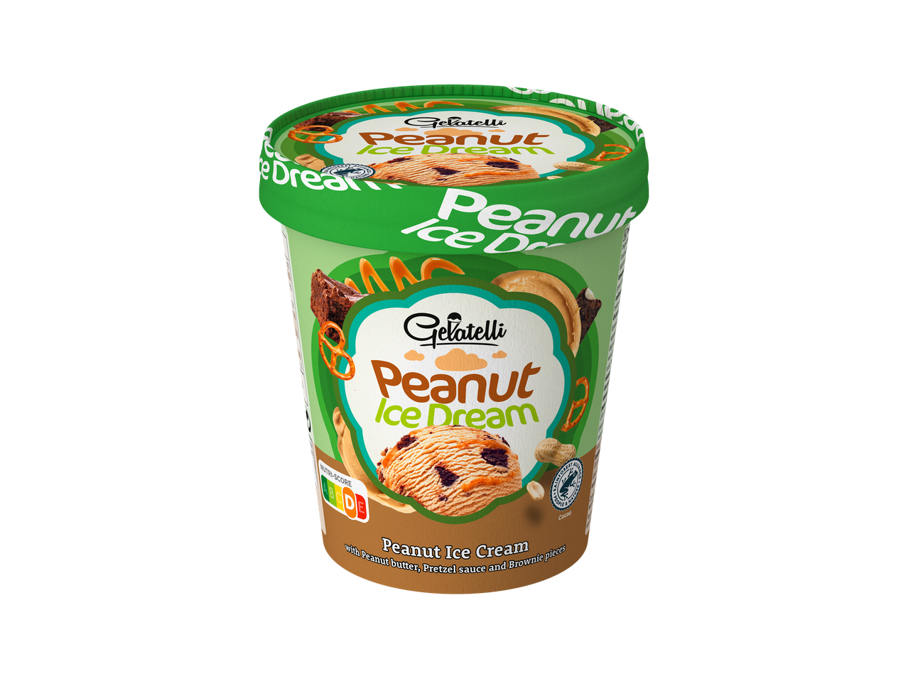 Gelatelli Peanut Ice Dream, földimogyoró fagylalt földimogyoróvajjal, perecszósszal és brownie darabokkal.