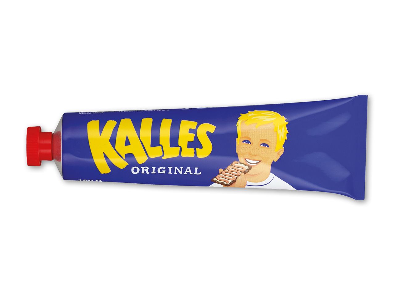 Blå tube med en tegneseriefigur, der spiser en kiks, og teksten 'ORIGINAL'.