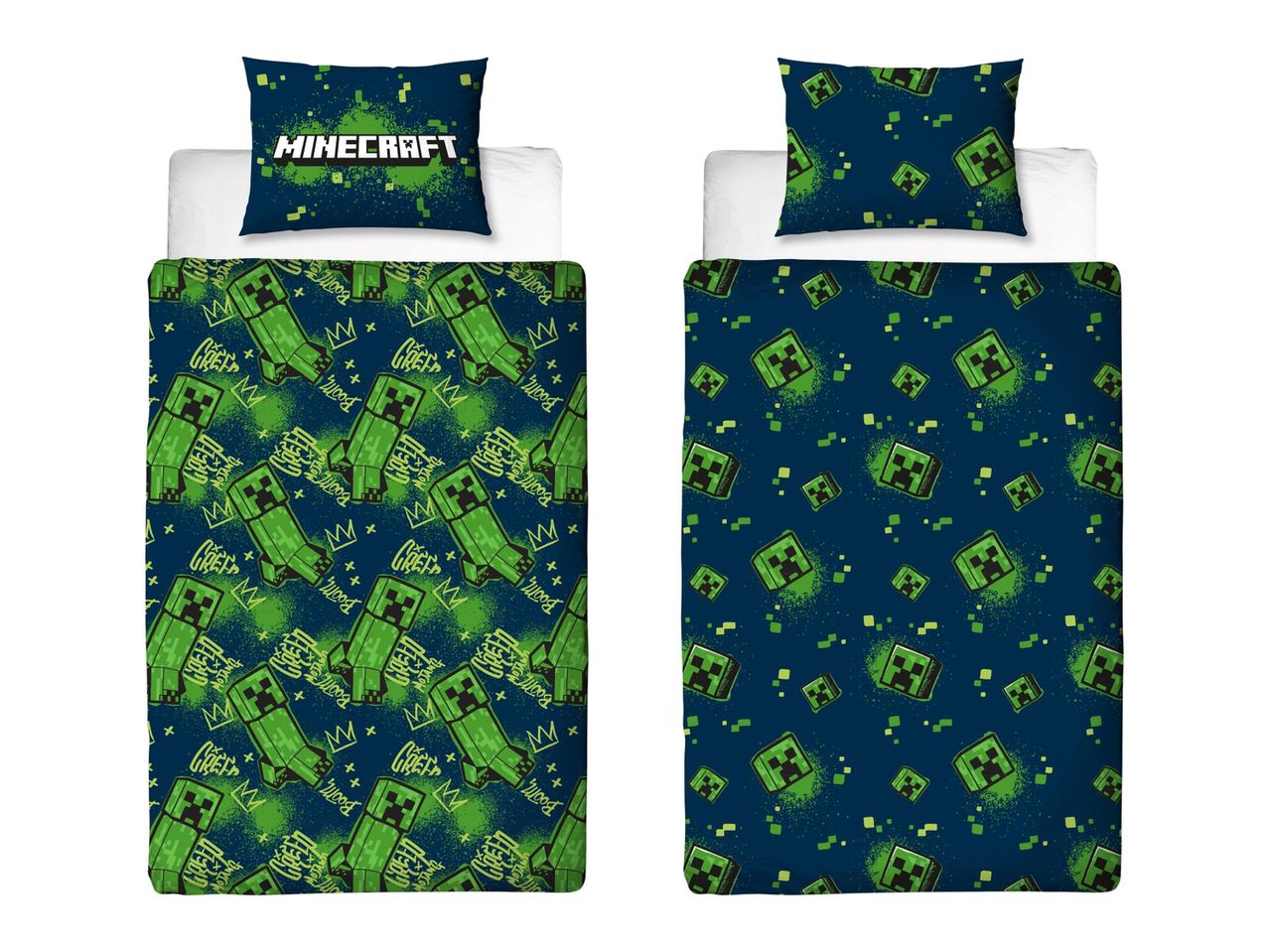 Minecraft gyerek ágynemű garnitúra, sötétkék alapon zöld Creeper mintával.
