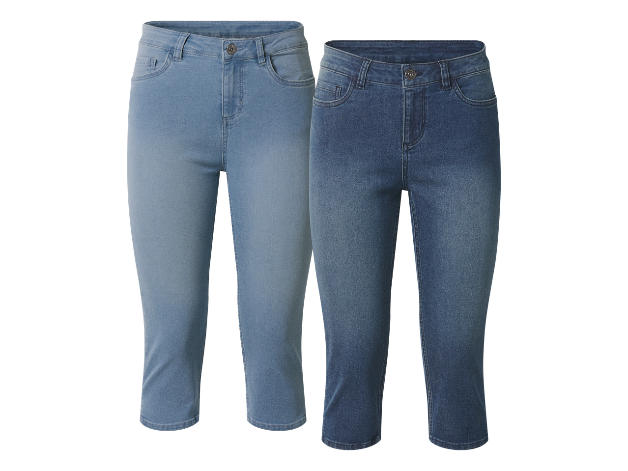 Dvoje ženskih traperica u svijetloj i tamnoj boji, s tričetvrt dužinom nogavica.