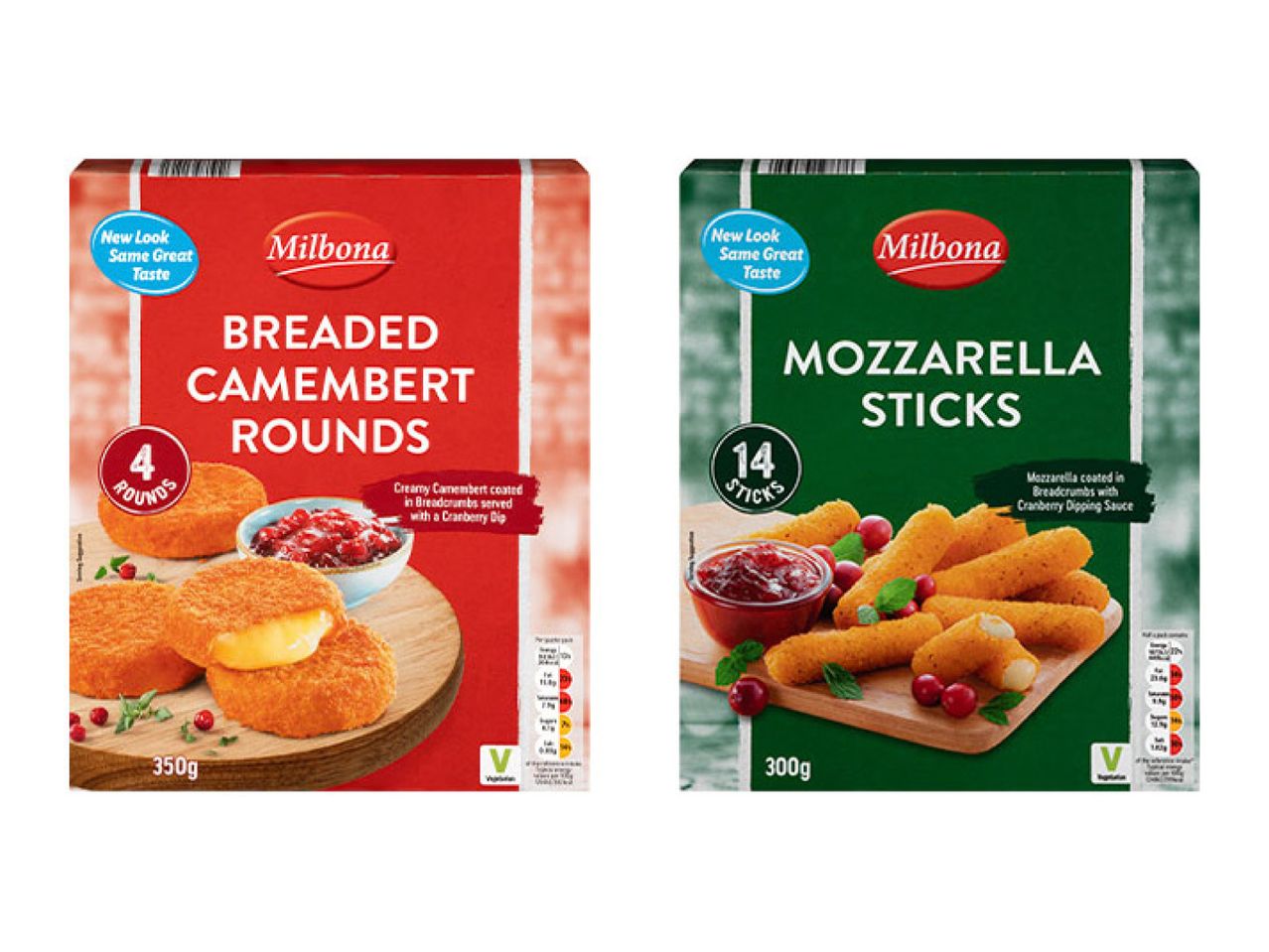 Two packages of frozen appetizers: Breaded Camembert Rounds and Mozzarella Sticks, both with cranberry dip.