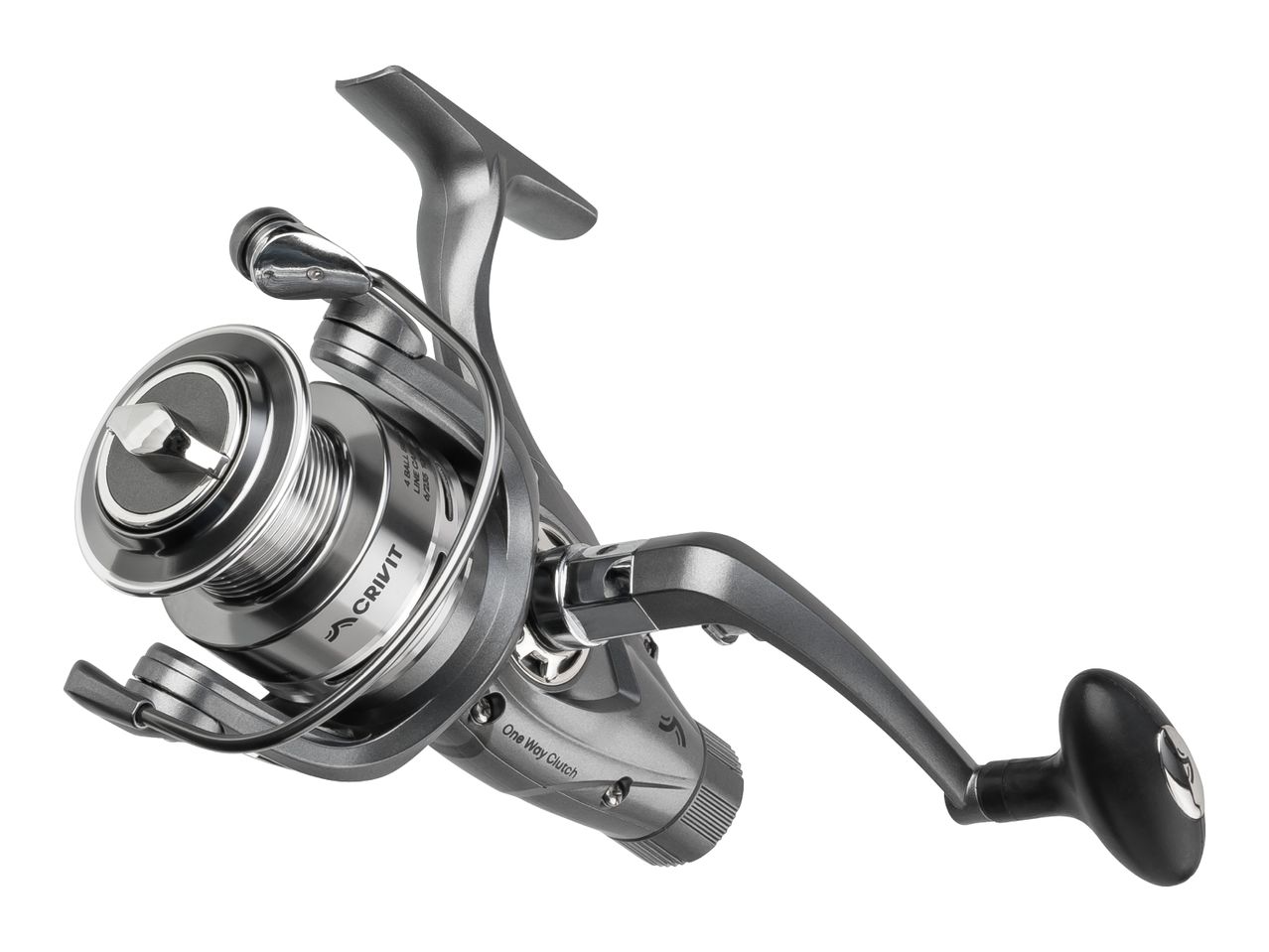 A silver fishing reel with a black handle, featuring a 'One Way Clutch' label.