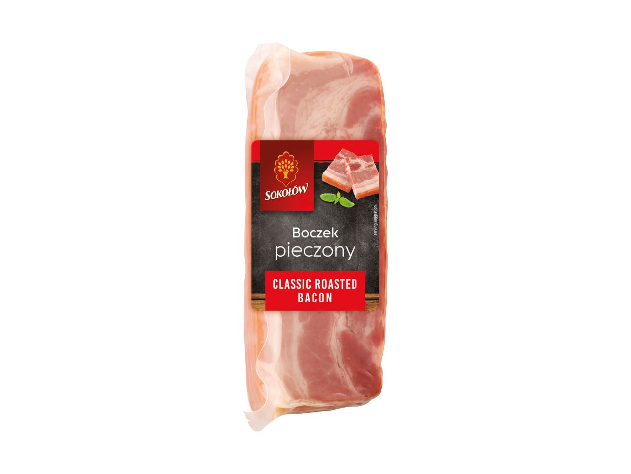Packaged classic roasted bacon with a label showing product name and serving suggestion.