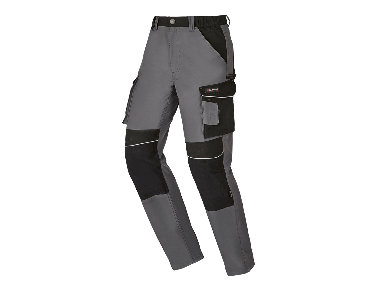 Pantalon de travail gris et noir avec poches cargo et détails réfléchissants.